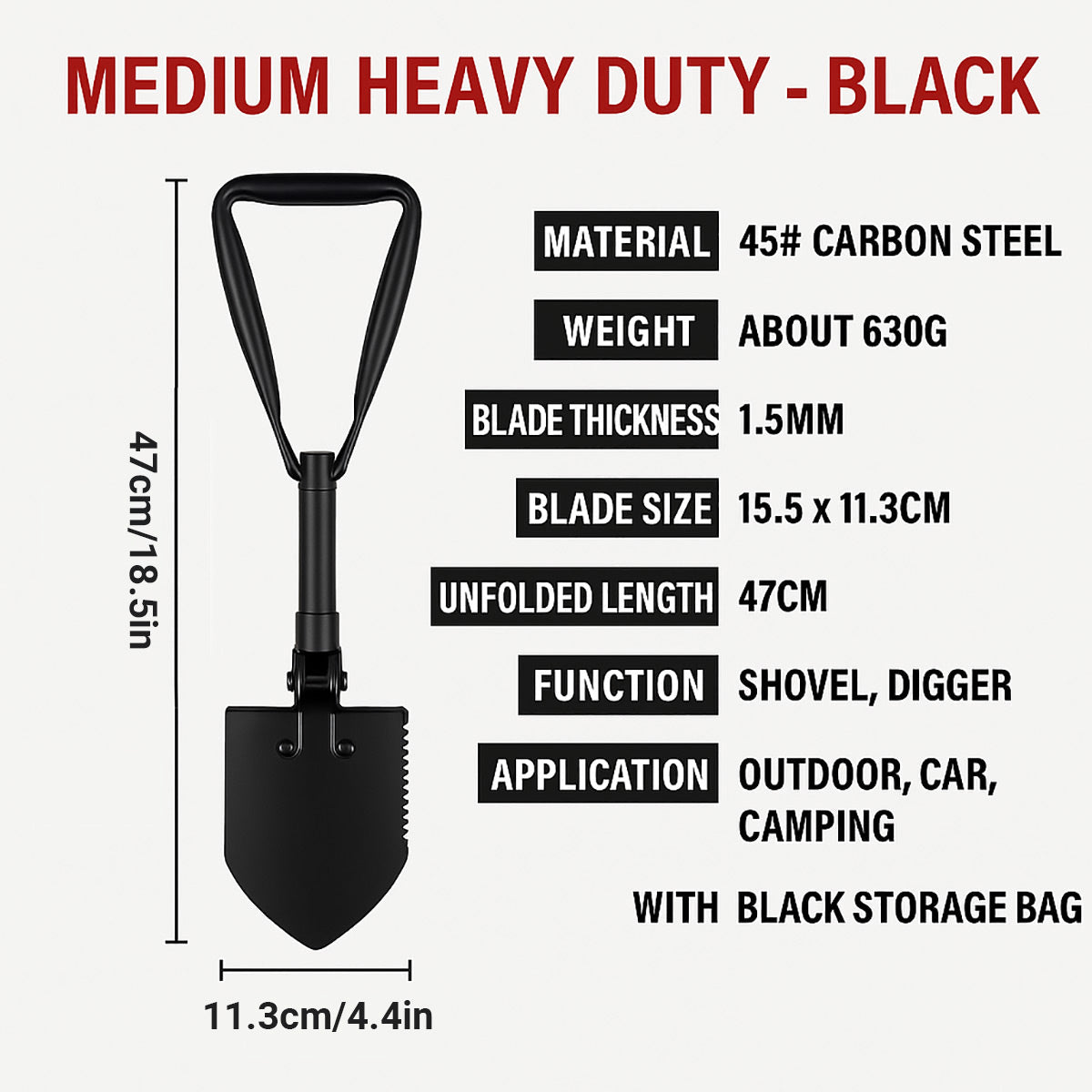 Premium 4-in-1 Folding Survival Shovel Camping Tool - Black