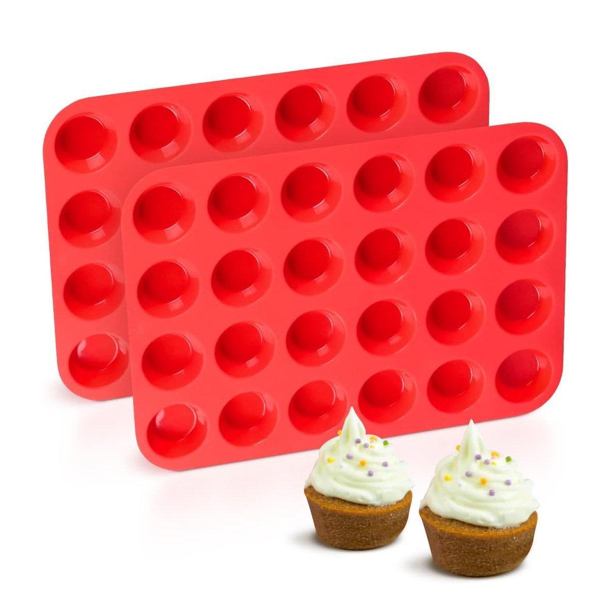 Premium 24-Hole Silicone Muffin Cake Moulds – Red 2 Pack