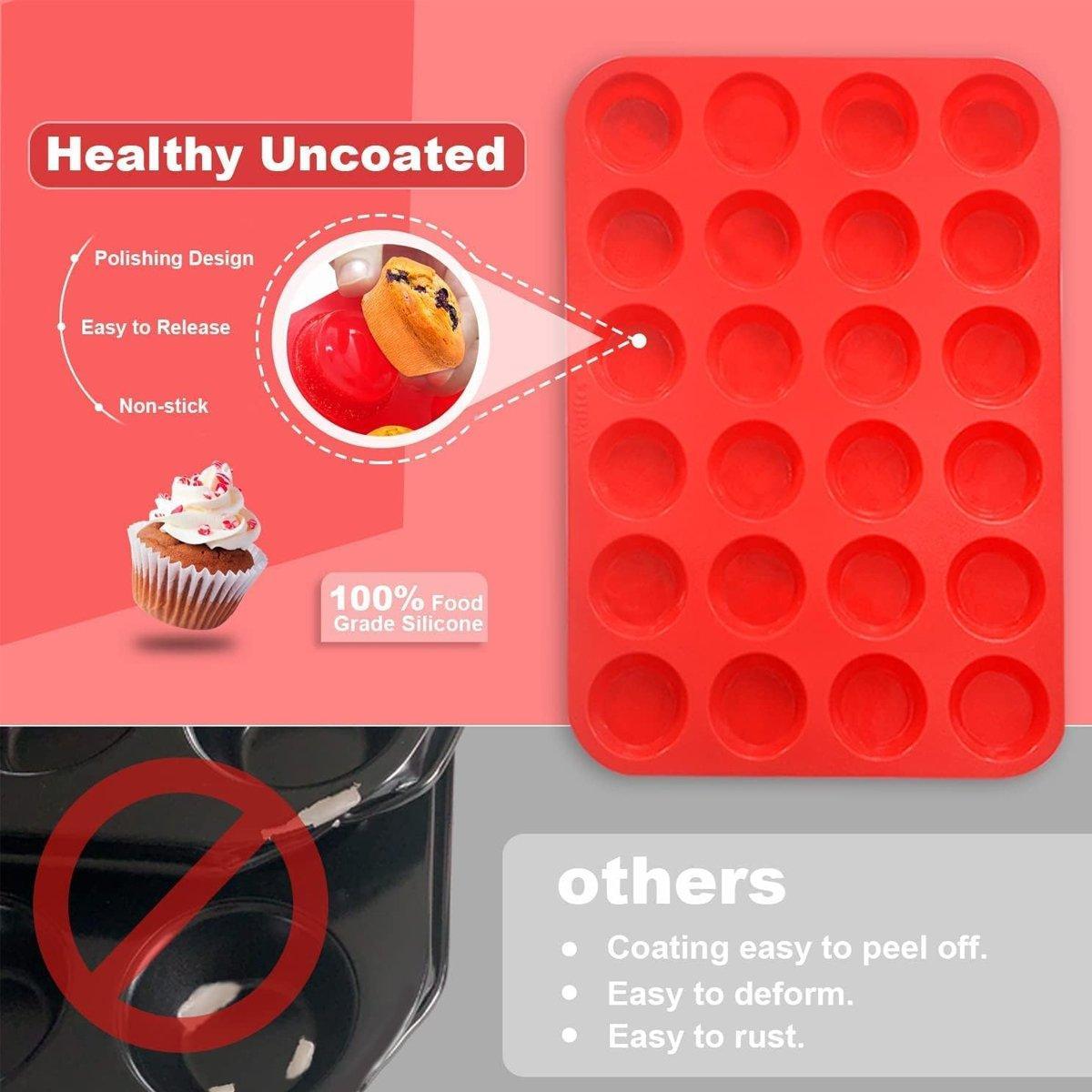 Premium 24-Hole Silicone Muffin Cake Moulds – Red 2 Pack