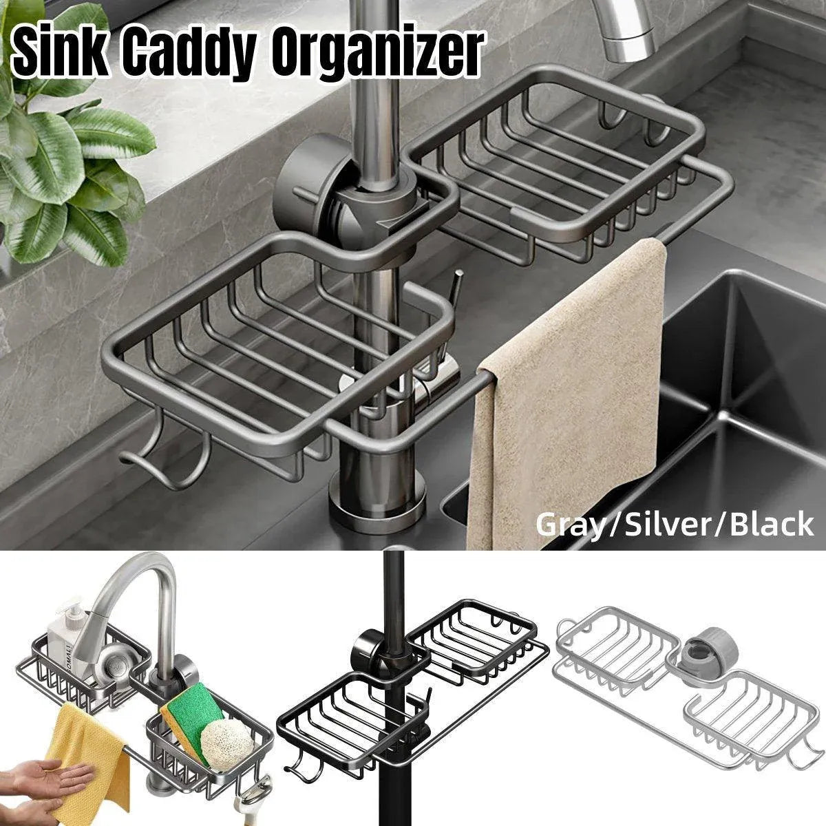 Premium Black Aluminium Faucet Shelf Sink Draining Basket with Towel Holder