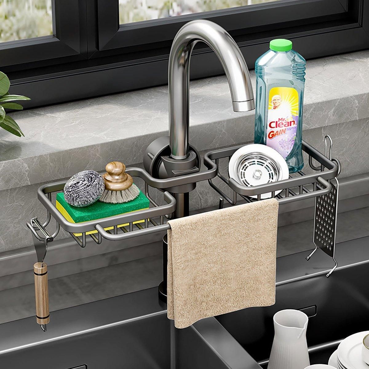 Premium Black Aluminium Faucet Shelf Sink Draining Basket with Towel Holder
