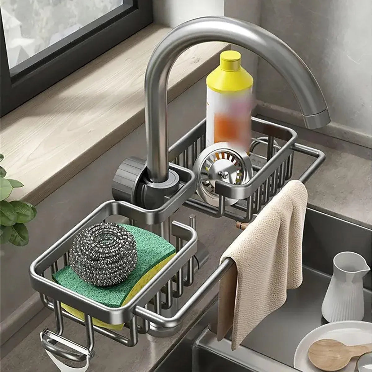 Premium Black Aluminium Faucet Shelf Sink Draining Basket with Towel Holder