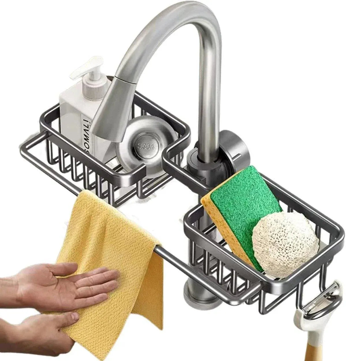 Premium Grey Aluminium Faucet Shelf Sink Draining Basket with Towel Holder