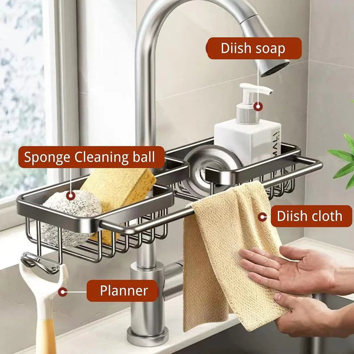 Premium Grey Aluminium Faucet Shelf Sink Draining Basket with Towel Holder