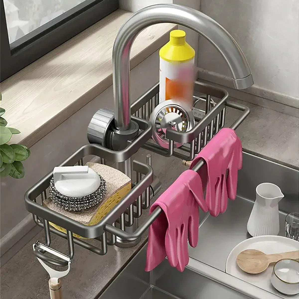 Premium Grey Aluminium Faucet Shelf Sink Draining Basket with Towel Holder