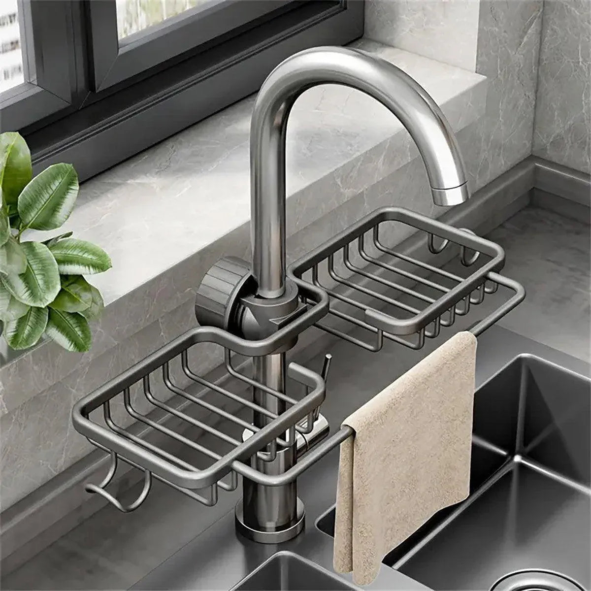 Premium Grey Aluminium Faucet Shelf Sink Draining Basket with Towel Holder