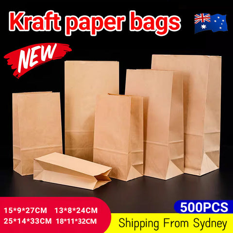 500PCS Kraft Food Paper Bags Brown Flat Bottom Lunch Bags Party Favour Bag - 500PCS-15*9*27CM - SuperSaverAU - view 1