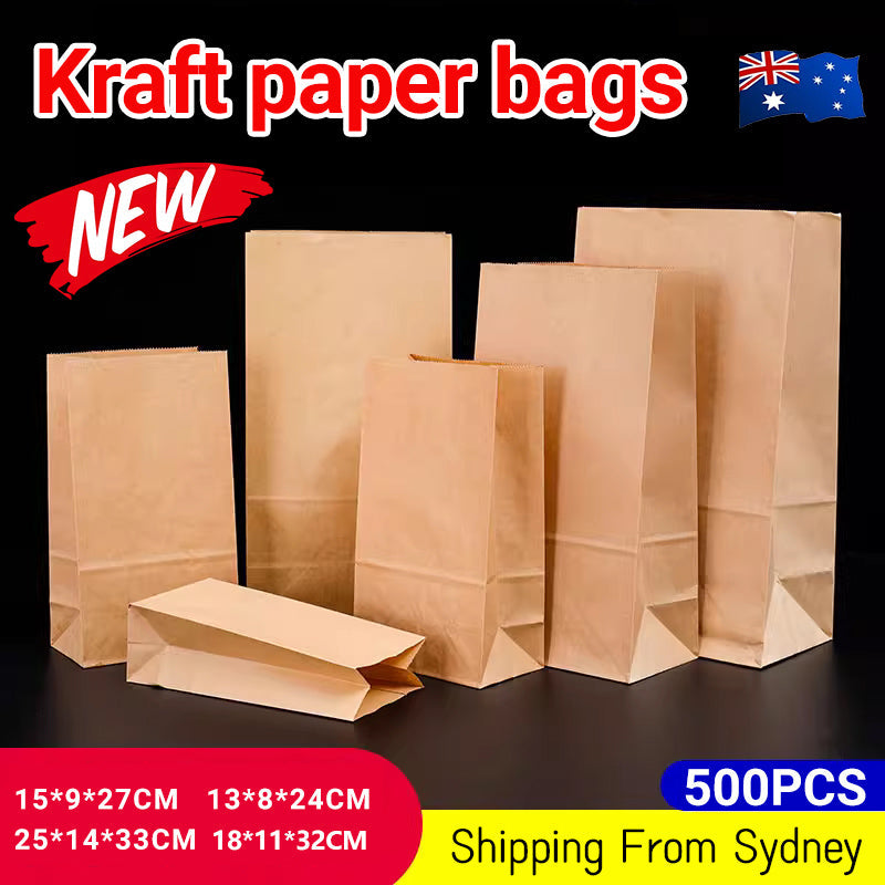 500PCS Kraft Food Paper Bags Brown Flat Bottom Lunch Bags Party Favour Bag - 500PCS-18*11*30CM - SuperSaverAU - view 1