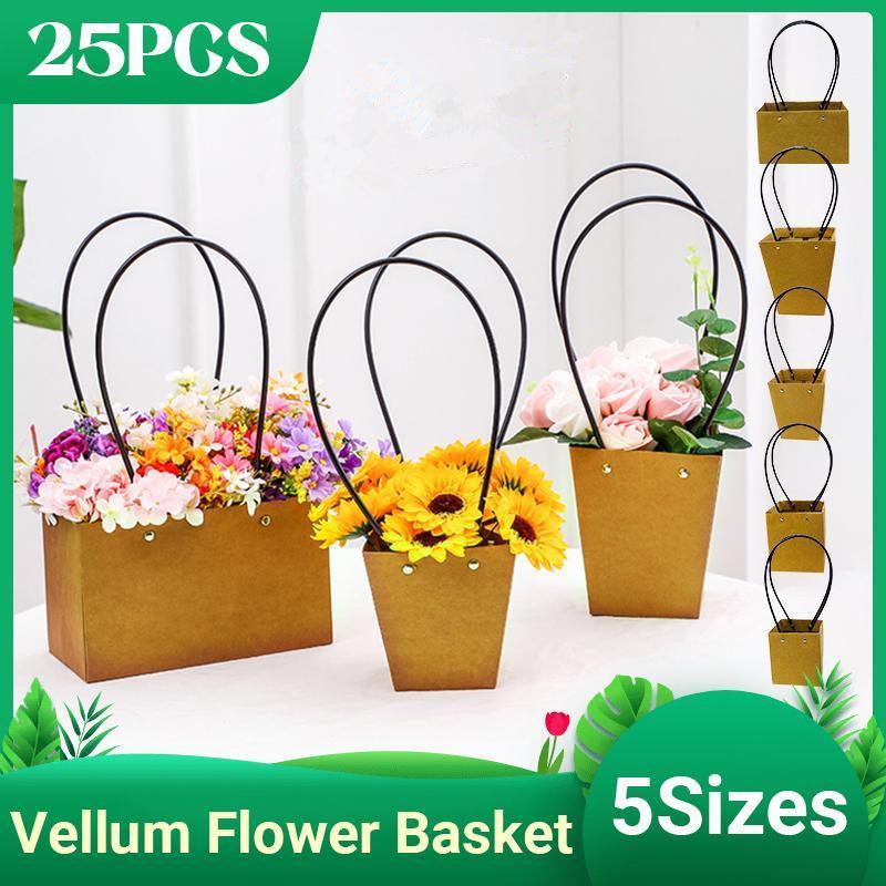 25x Kraft Paper Bag Flowers Waterproof Bouquet Basket Gift Box With Handle - 25PCS-Sq Small - SuperSaverAU - view 1