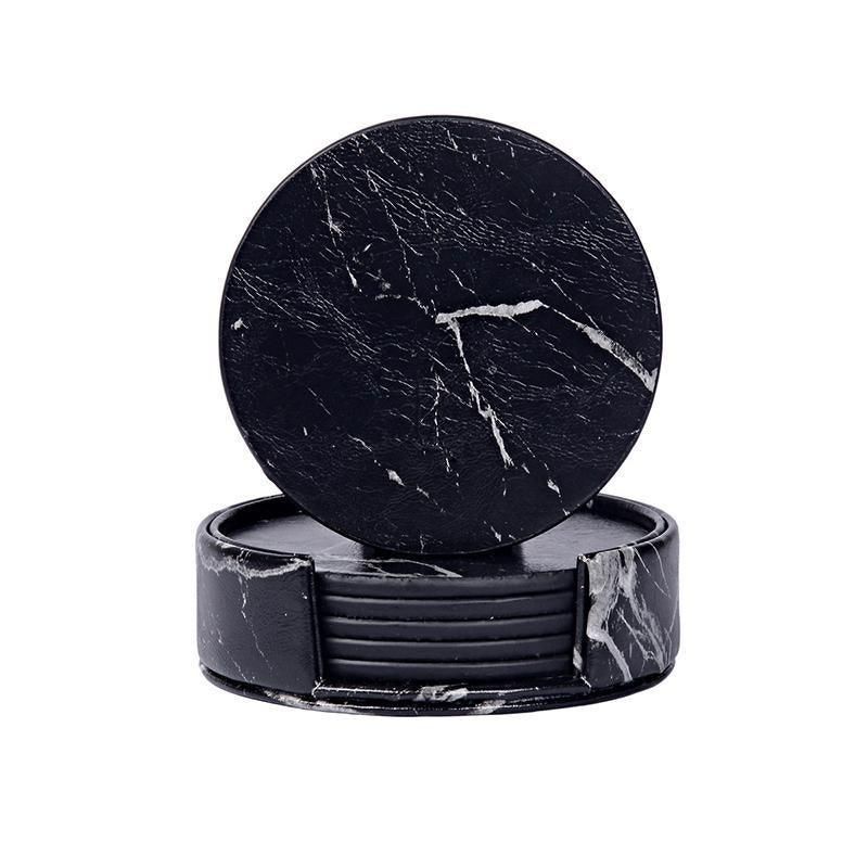 Premium Marble PU Coasters – Marble Black 6 Pack with Holder