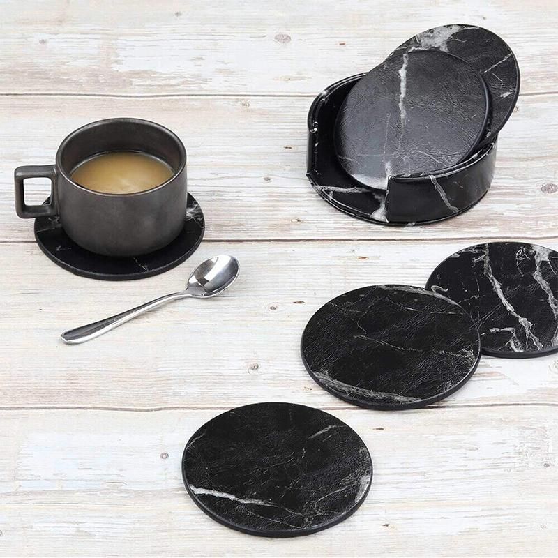 Premium Marble PU Coasters – Marble Black 6 Pack with Holder