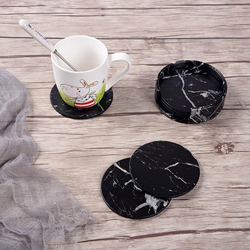 Premium Marble PU Coasters – Marble Black 6 Pack with Holder