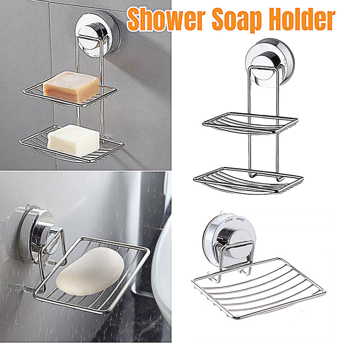 Premium Shower Soap Holder - Stainless Steel Suction Cup Bathroom Basket - Double Layer