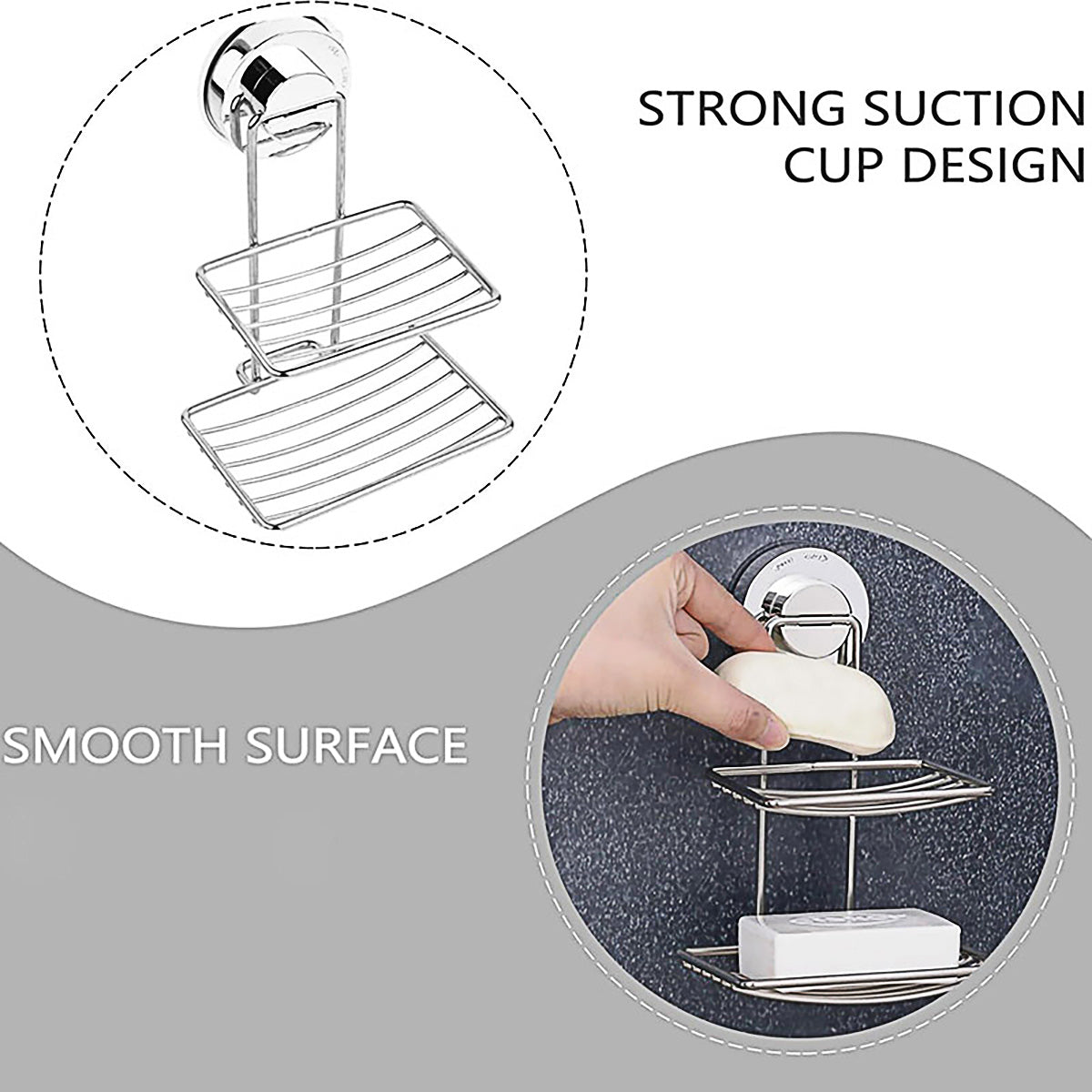 Premium Shower Soap Holder - Stainless Steel Suction Cup Bathroom Basket - Double Layer