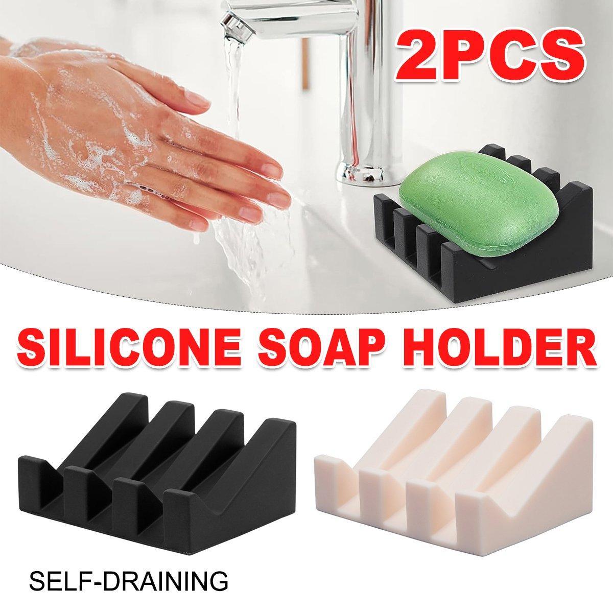 Premium 2 Pack White Silicone Soap Dish Holder Non Slip Draining Tray
