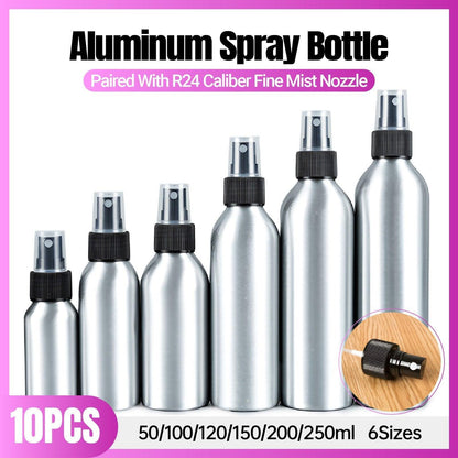 Aluminum Spray Bottles 10pcs - Refillable 100ml Mist for Travel & Toner