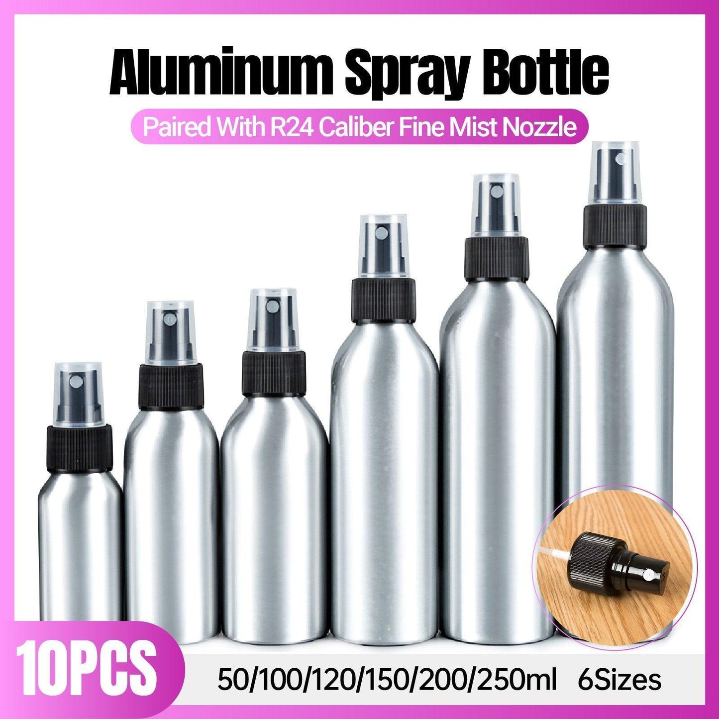 10pcs Refillable Aluminum Spray Bottles - 200ml - Premium