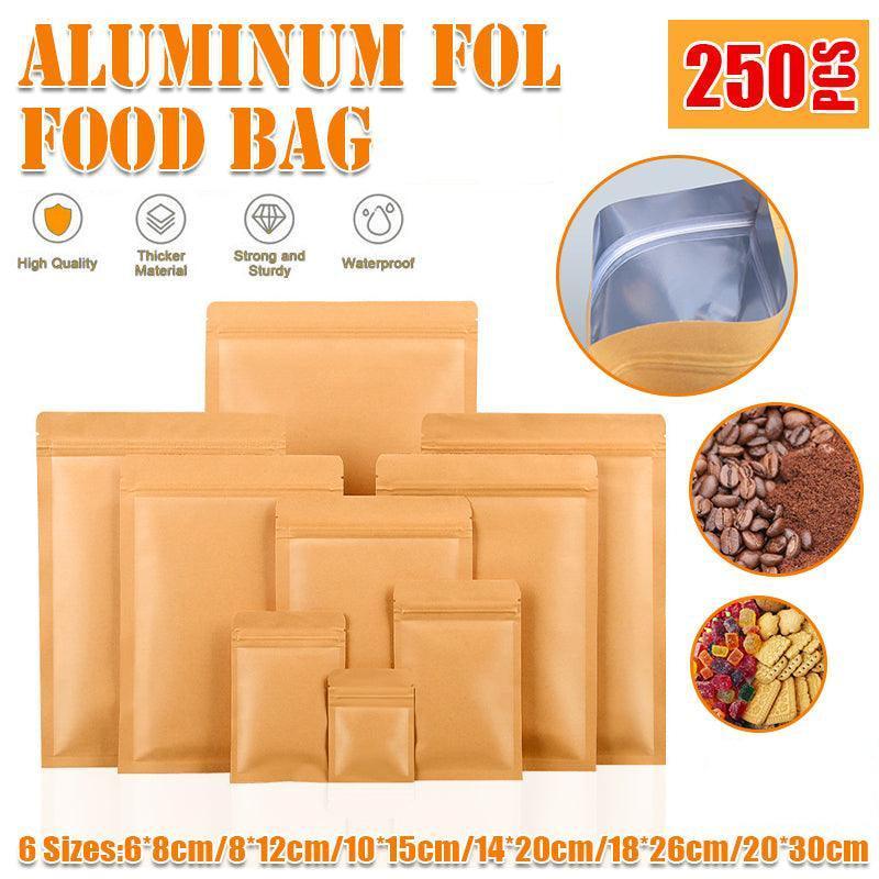 250 Pack Kraft Paper Mylar Resealable Pouches - 14x20cm