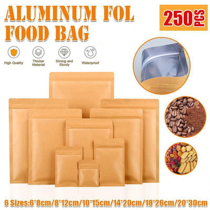 250 Pack Kraft Paper Mylar Resealable Pouches - 14x20cm