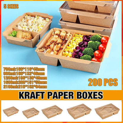200PCS Kraft Paper Lunch Boxes - 900ml Takeaway Food Containers with PET Lid