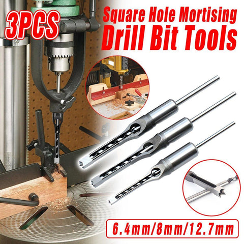 Premium 3 Piece Square Hole Mortising Drill Bit Set - 6.4, 8 & 12.7mm