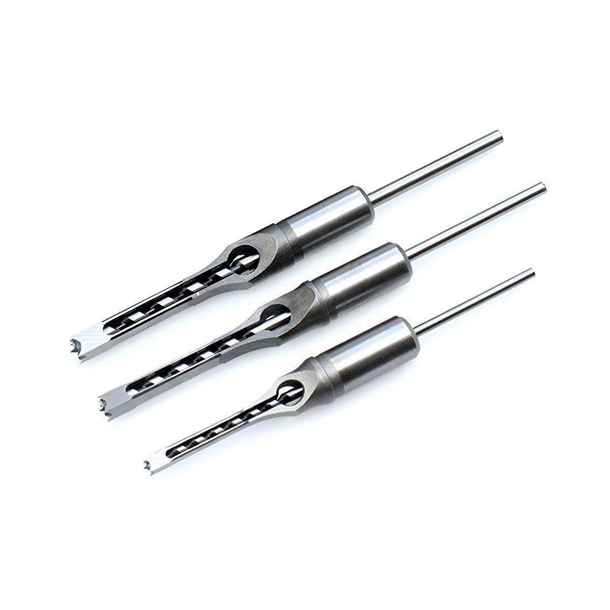 Premium 3 Piece Square Hole Mortising Drill Bit Set - 6.4, 8 & 12.7mm