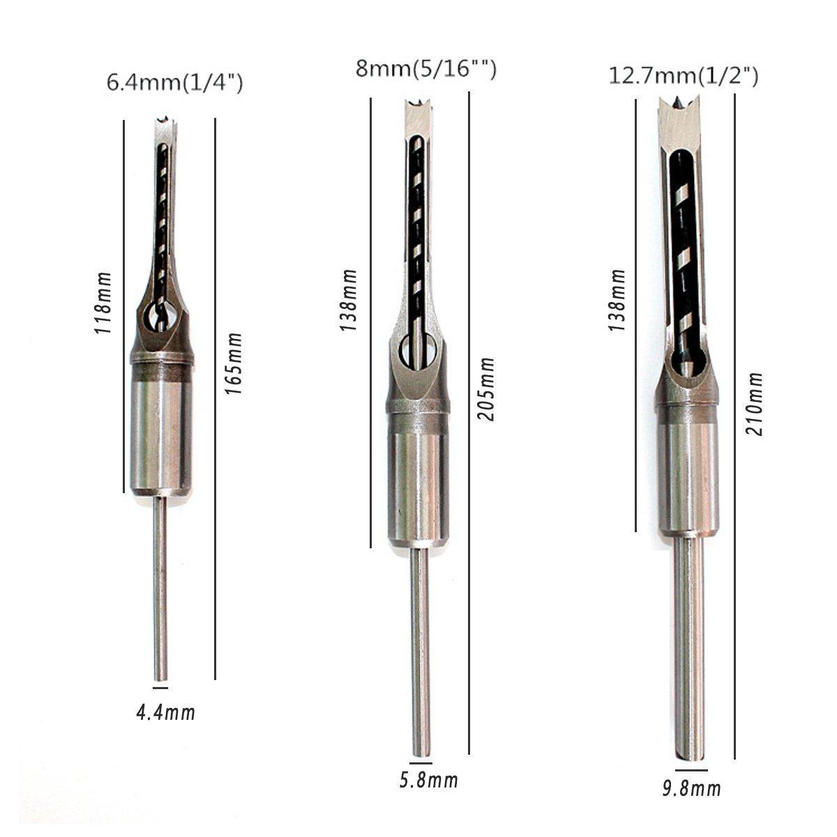 Premium 3 Piece Square Hole Mortising Drill Bit Set - 6.4, 8 & 12.7mm
