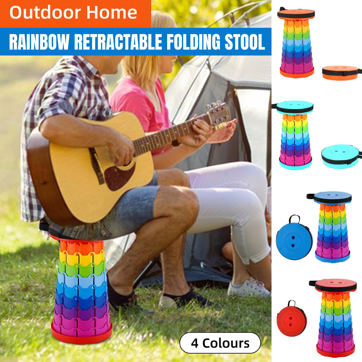 Premium Rainbow Orange Telescopic Folding Stool Adjustable Outdoor Camping Seat