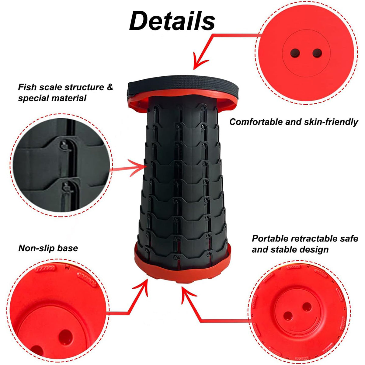 Premium Red Portable Telescopic Folding Stool Compact Retractable Travel Chair
