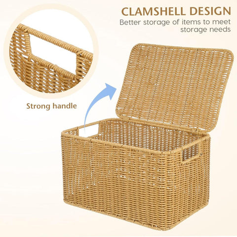 Rattan Woven Storage Basket with Lid, 28 x 18.5 x 16.5 cm, Portable & Durable - SuperSaverAU - view 2