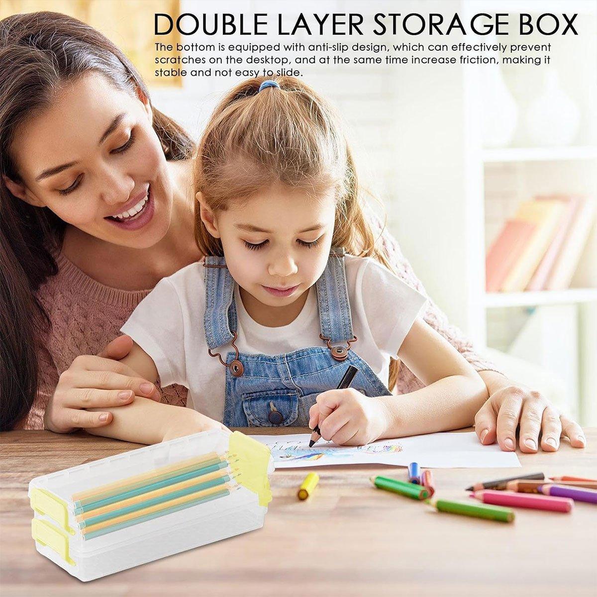 Premium 3pcs Clear 2-Layer Plastic Desktop Storage Boxes Green Latch 20.5cm