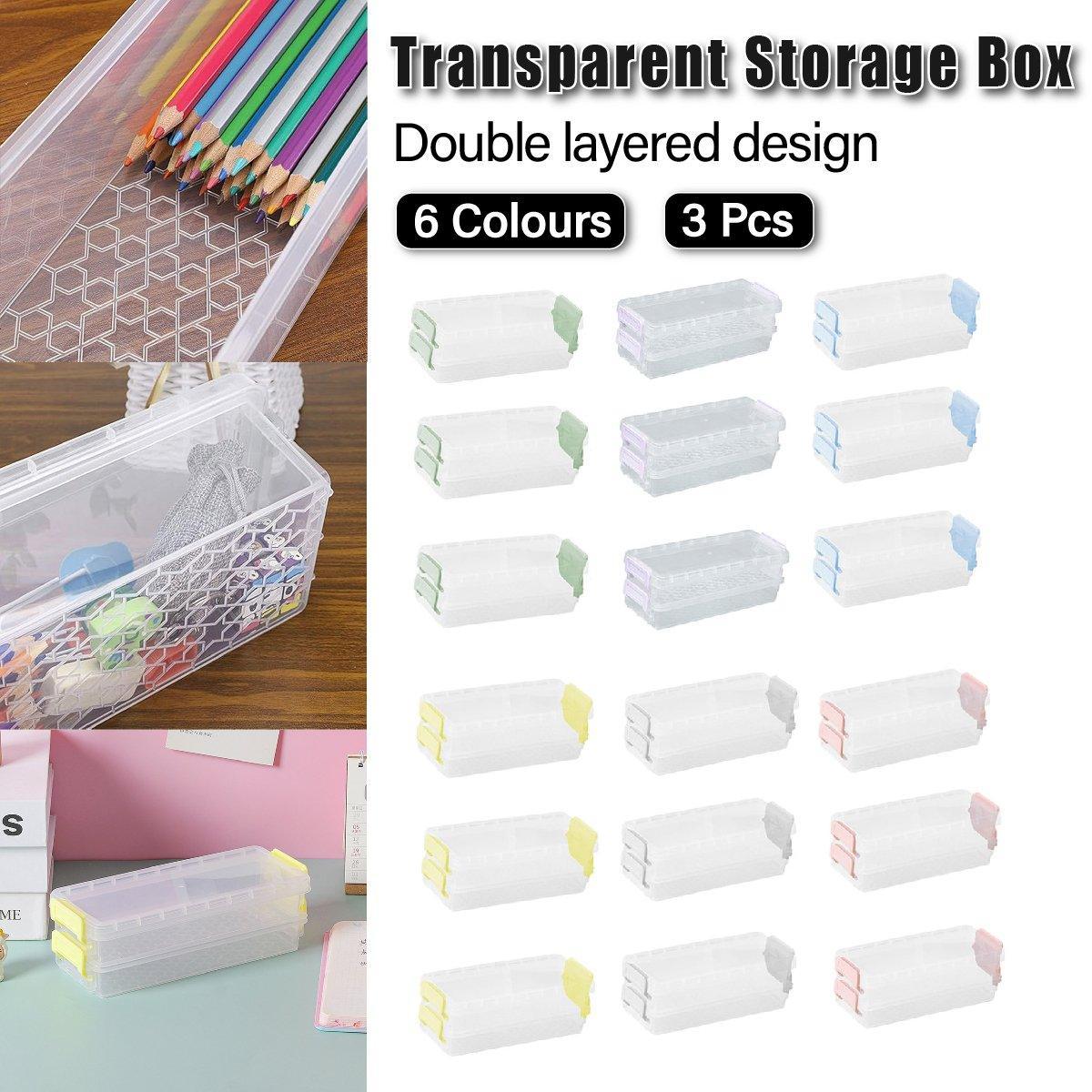 Premium 3pcs Clear 2-Layer Plastic Desktop Storage Boxes Grey Latch 20.5cm