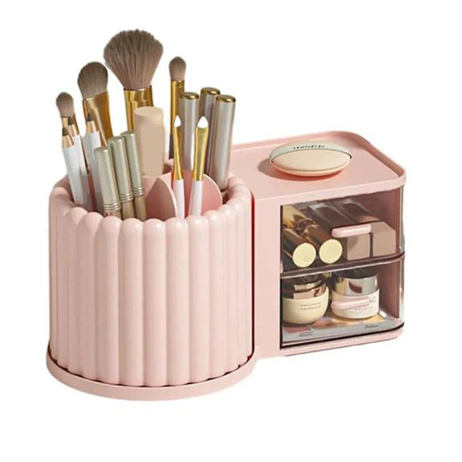 Premium Rotating Cosmetic & Pen Holder – Pink with Dustproof Drawers