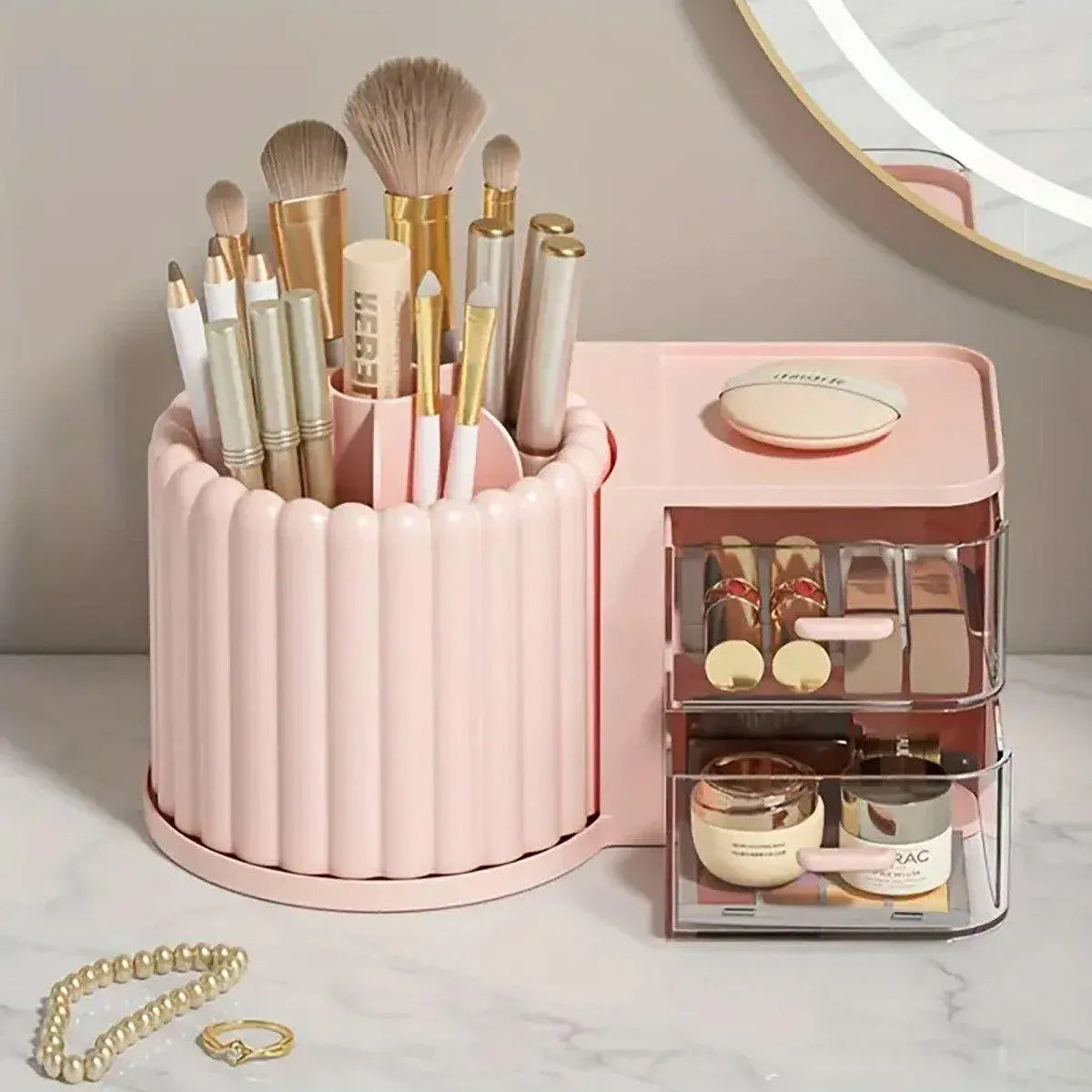 Premium Rotating Cosmetic & Pen Holder – Pink with Dustproof Drawers
