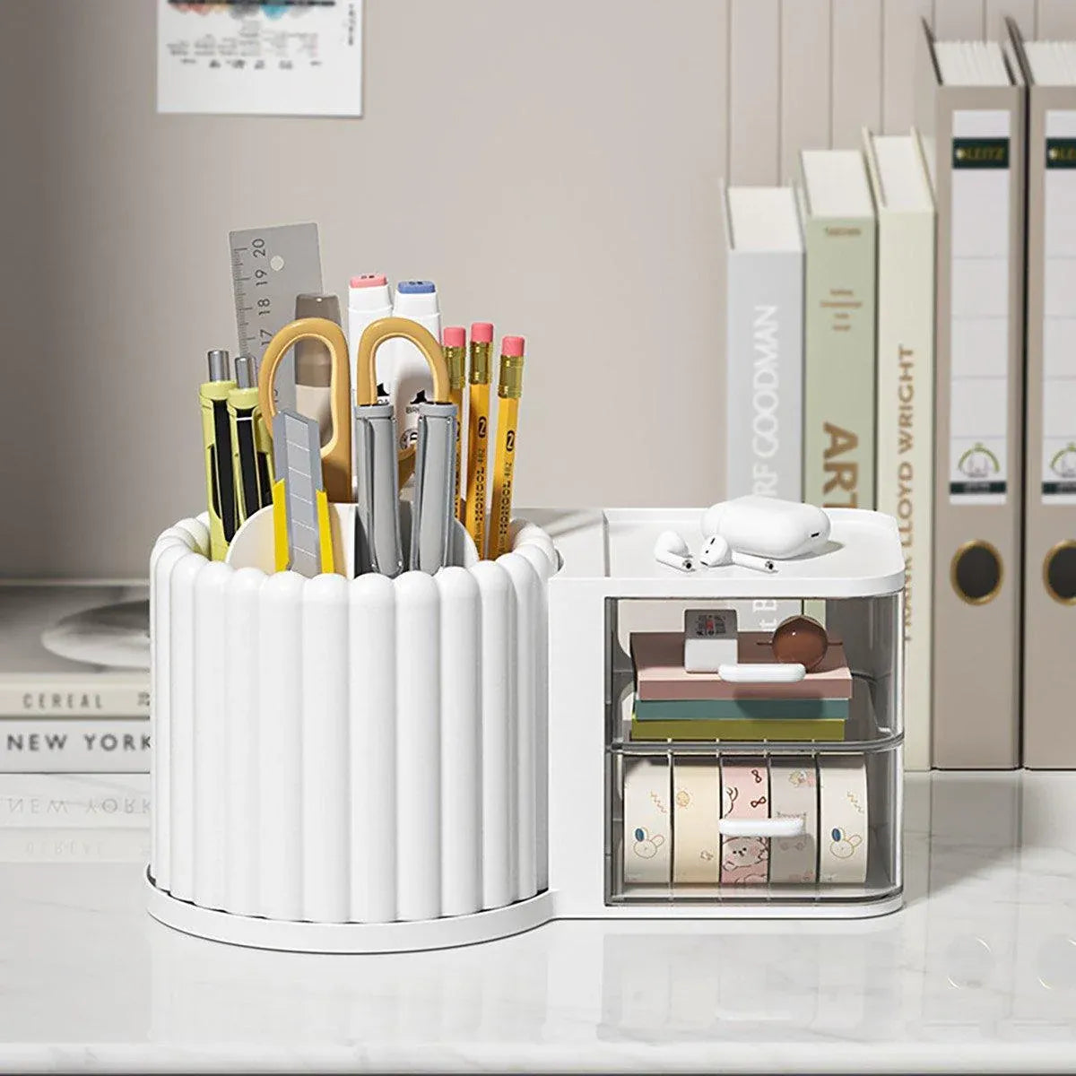 Premium Rotating Cosmetic & Pen Holder – Pink with Dustproof Drawers