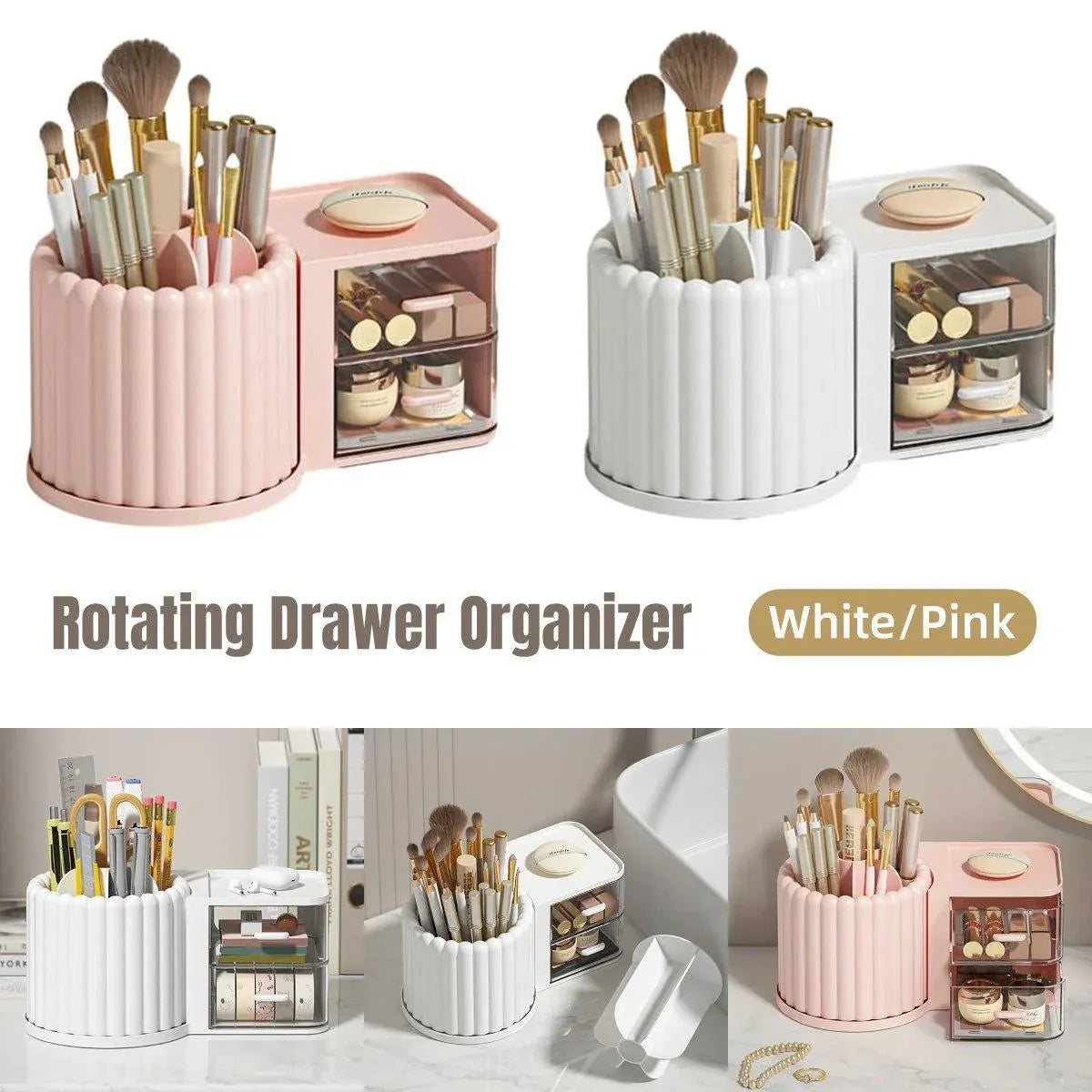 Premium Rotating Cosmetic & Pen Holder – White with Dustproof Drawers