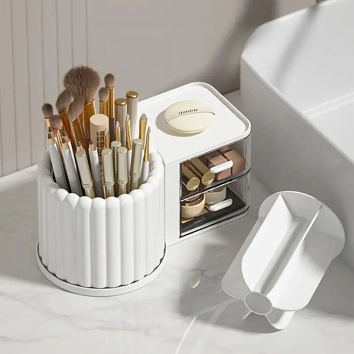 Premium Rotating Cosmetic & Pen Holder – White with Dustproof Drawers