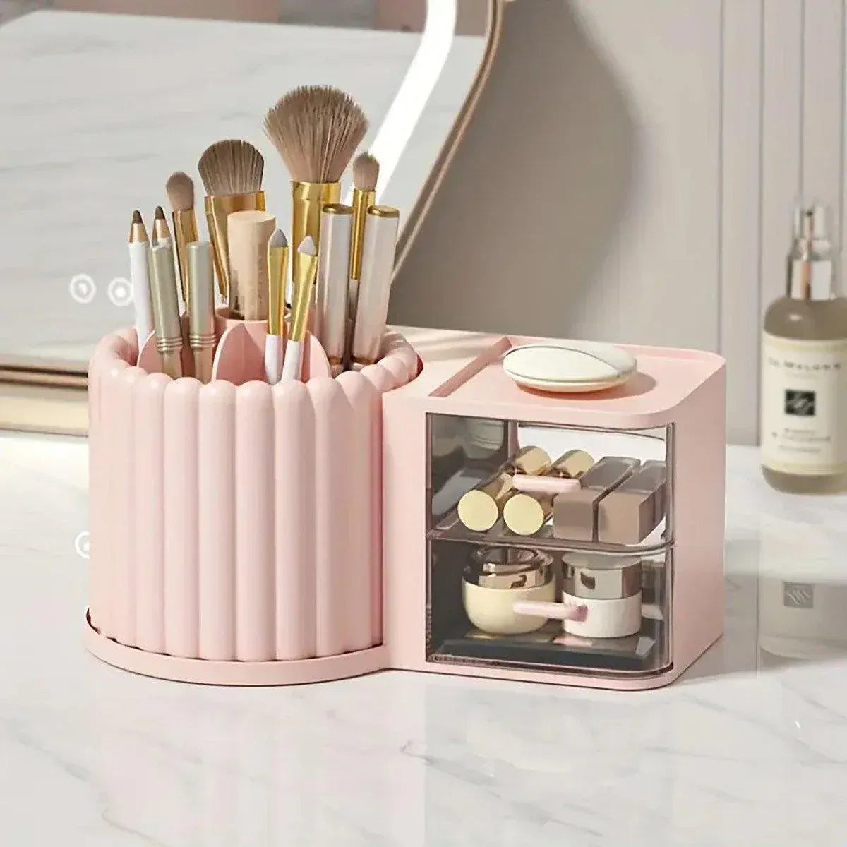 Premium Rotating Cosmetic & Pen Holder – White with Dustproof Drawers