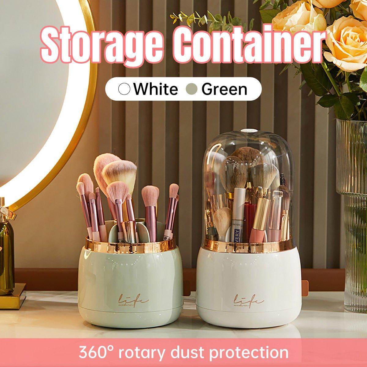 Premium White 360° Dustproof Rotating Cosmetic Brush Storage Box with Clear Lid