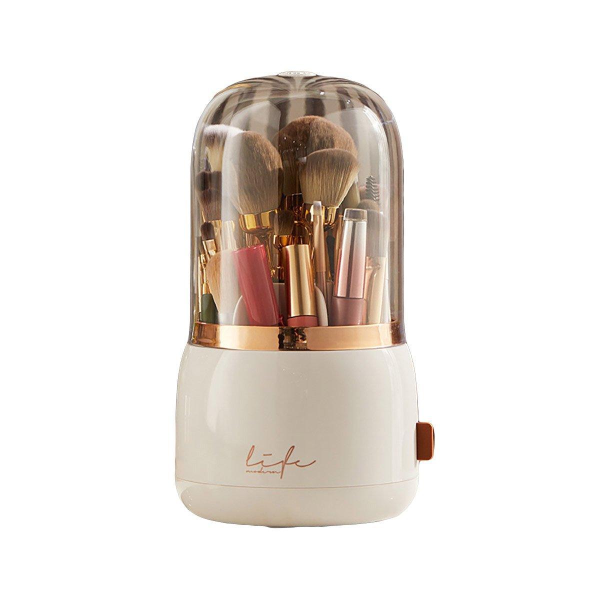 Premium White 360° Dustproof Rotating Cosmetic Brush Storage Box with Clear Lid