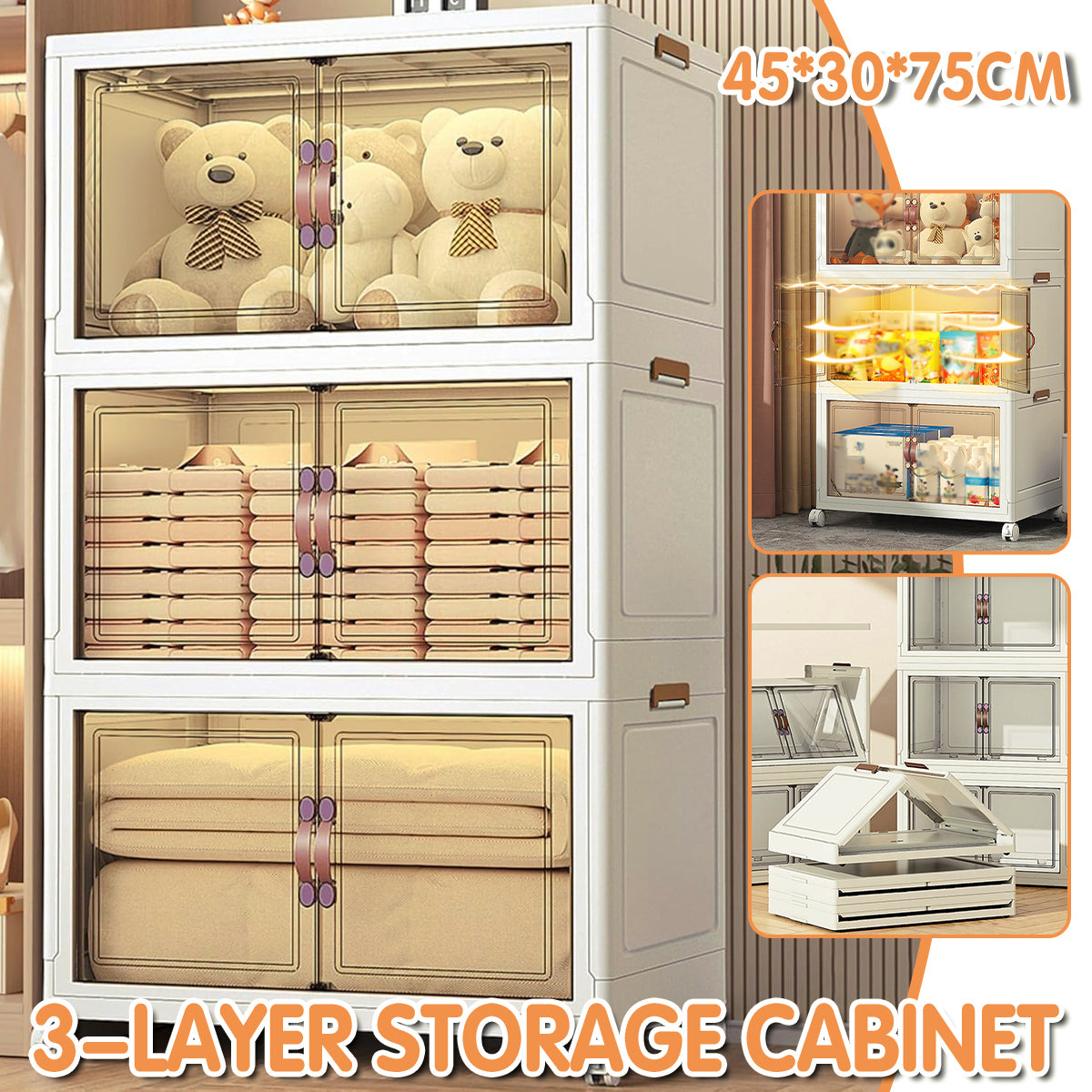 3-Tier Foldable Storage Cabinet with Doors and Wheels