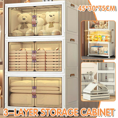 3-Tier Foldable Storage Cabinet with Doors and Wheels
