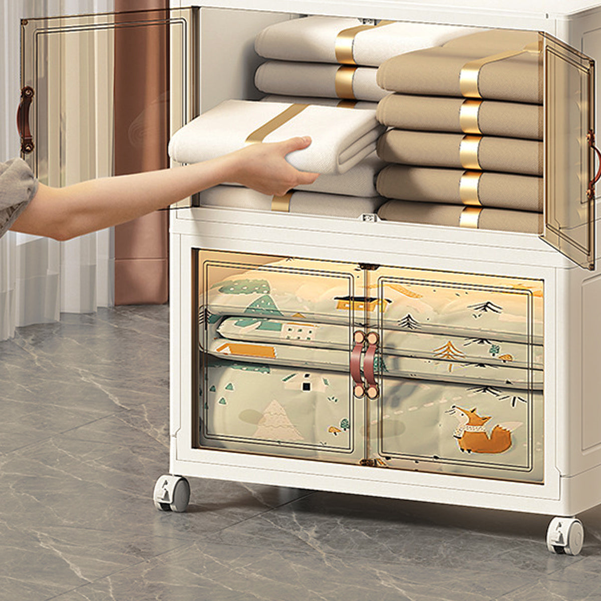 3-Tier Foldable Storage Cabinet with Doors and Wheels