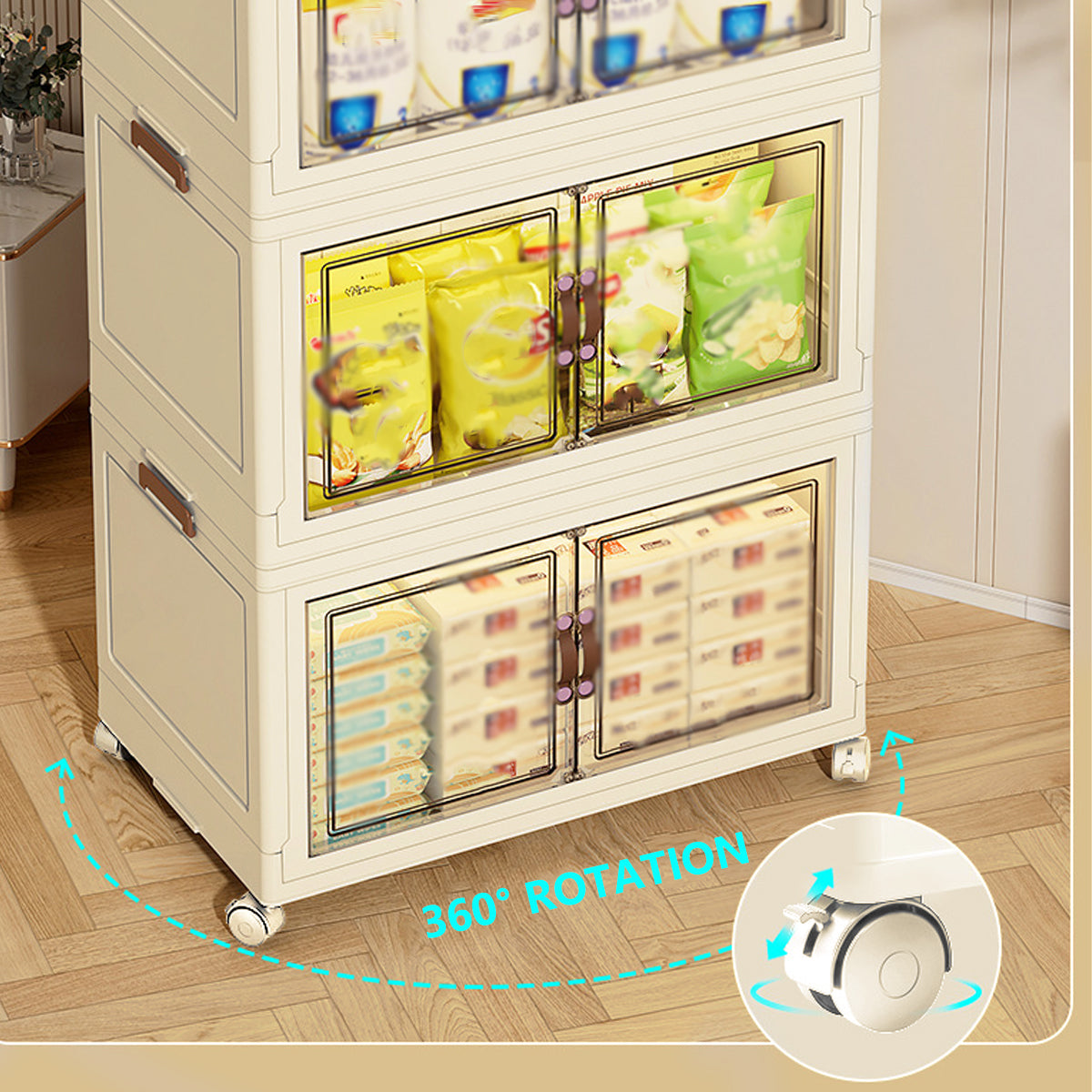 3-Tier Foldable Storage Cabinet with Doors and Wheels