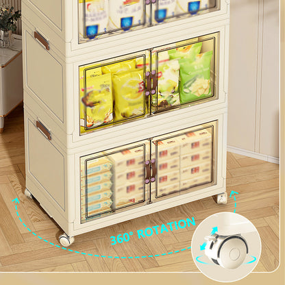 3-Tier Foldable Storage Cabinet with Doors and Wheels