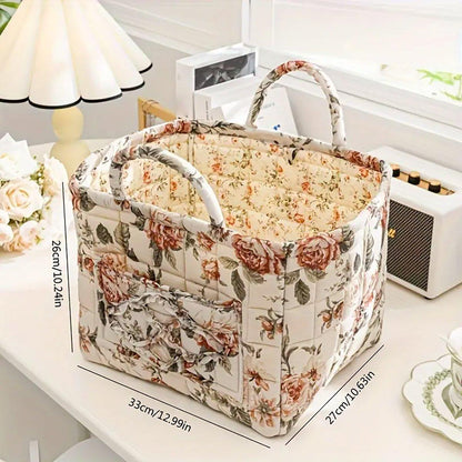 Portable Fabric Storage Basket Korean Pastoral Style Organizer for Home Sundries - Floral6
