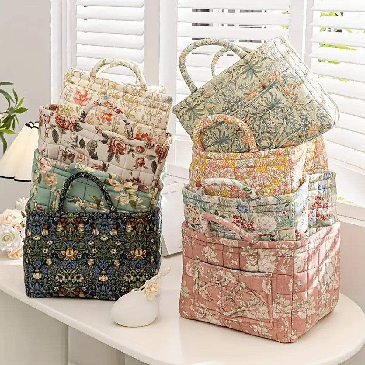 Portable Fabric Storage Basket Korean Pastoral Style Organizer for Home Sundries - Floral6 - SuperSaverAU - view 4