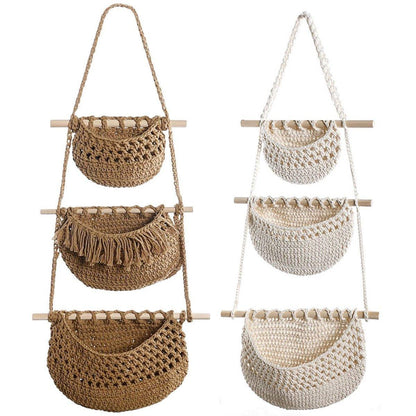 Cotton Rope Wall Hanging Basket - Three Layer Organizer - Brown