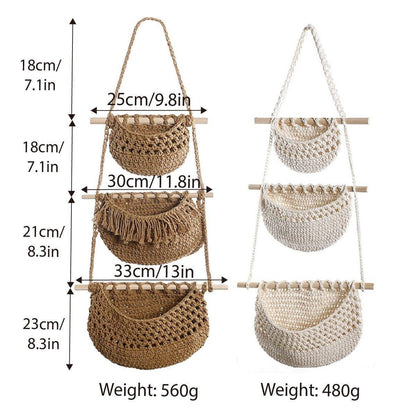 Cotton Rope Wall Hanging Basket - Three Layer Organizer - Brown