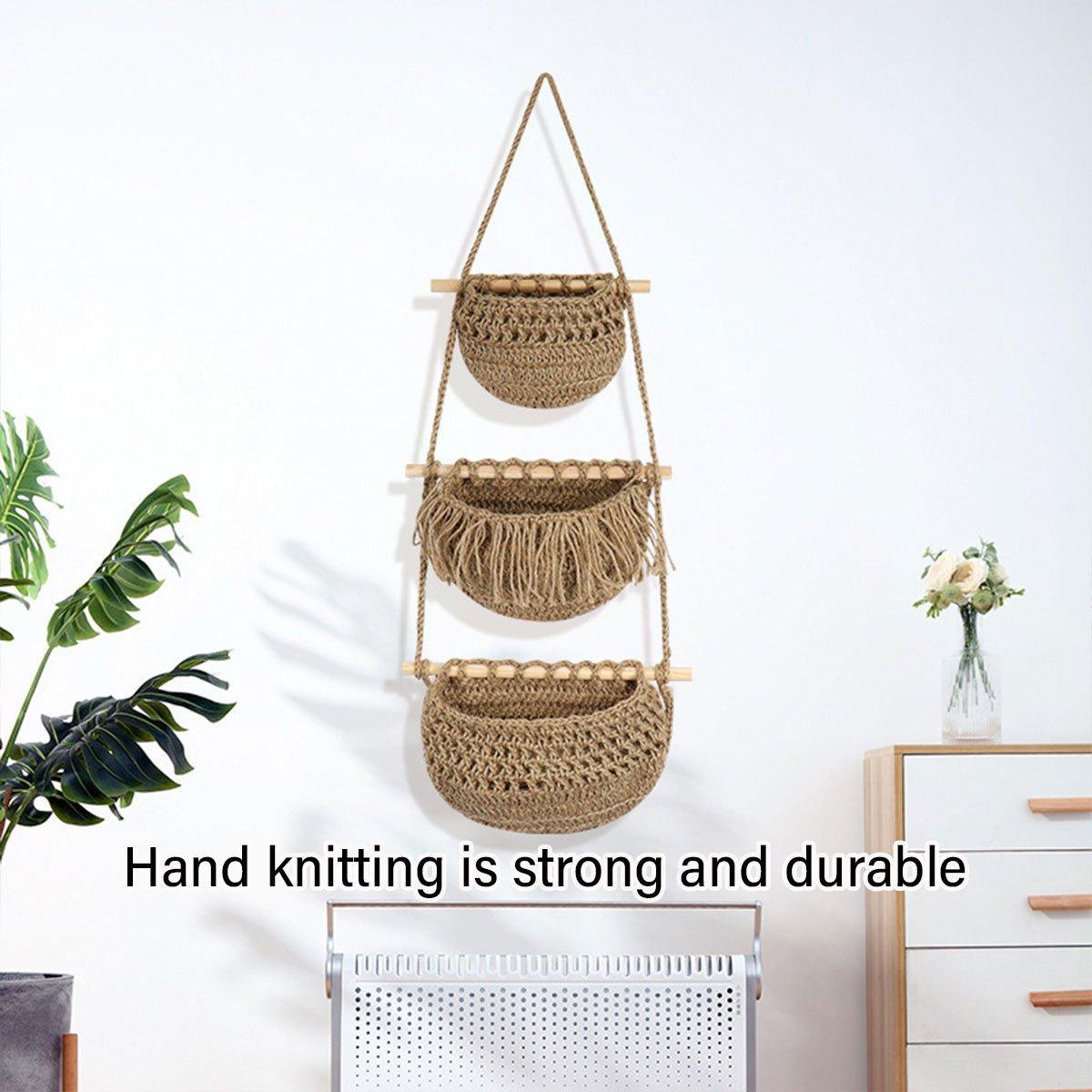 Cotton Rope Wall Hanging Basket - Three Layer Organizer - Brown